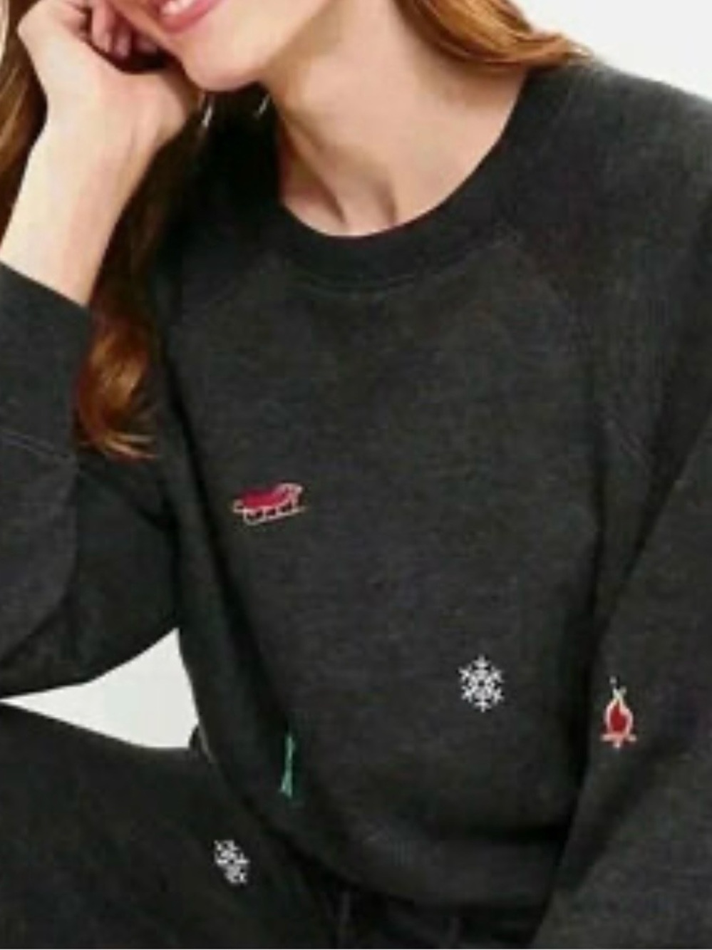 Holiday Winter Dark Gray Embroidered Crew Neck Cozy Christmas Sweater Size Large